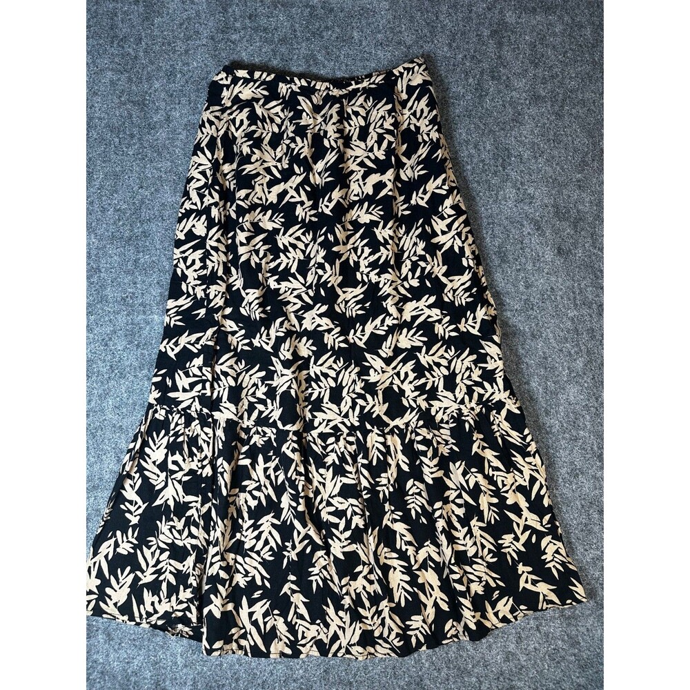 Rachel Zoe Maxi Skirt L Black Linen Blend Leaf Print A Line Tropical Beach